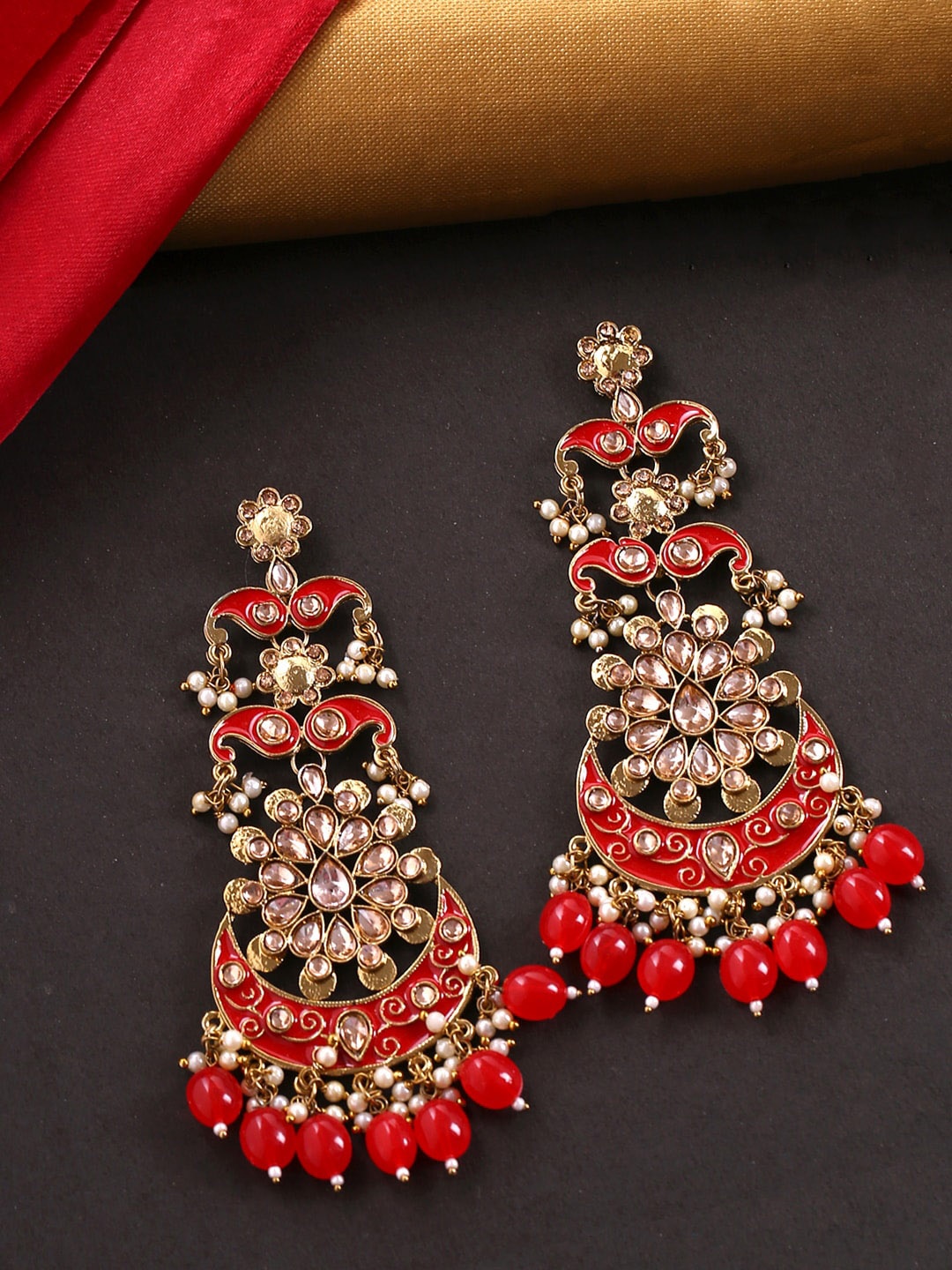 

Yellow Chimes Gold-Plated & Red Contemporary Chandbalis Earring