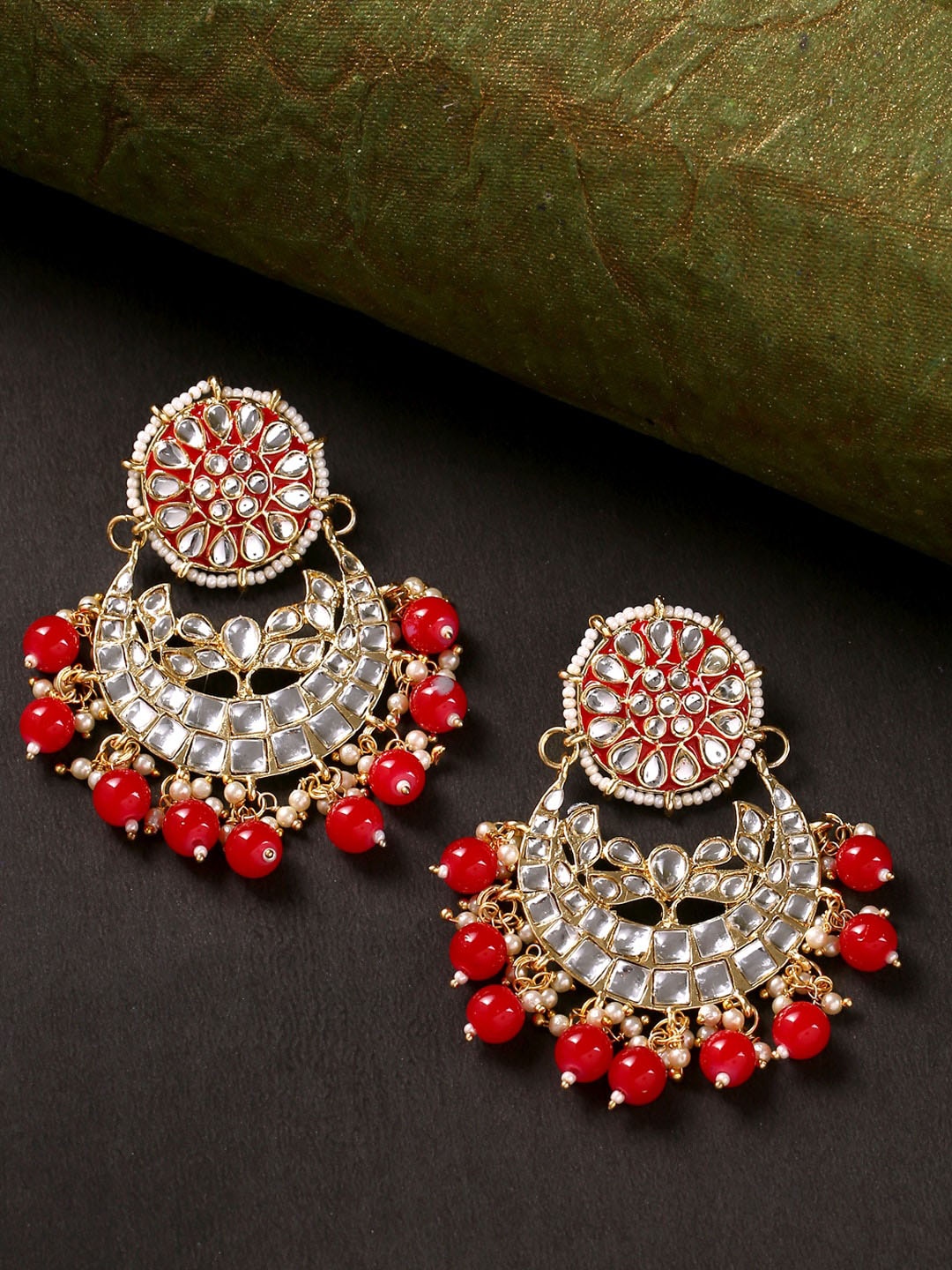 

Yellow Chimes Gold-Plated & Red Crescent Shaped Chandbalis