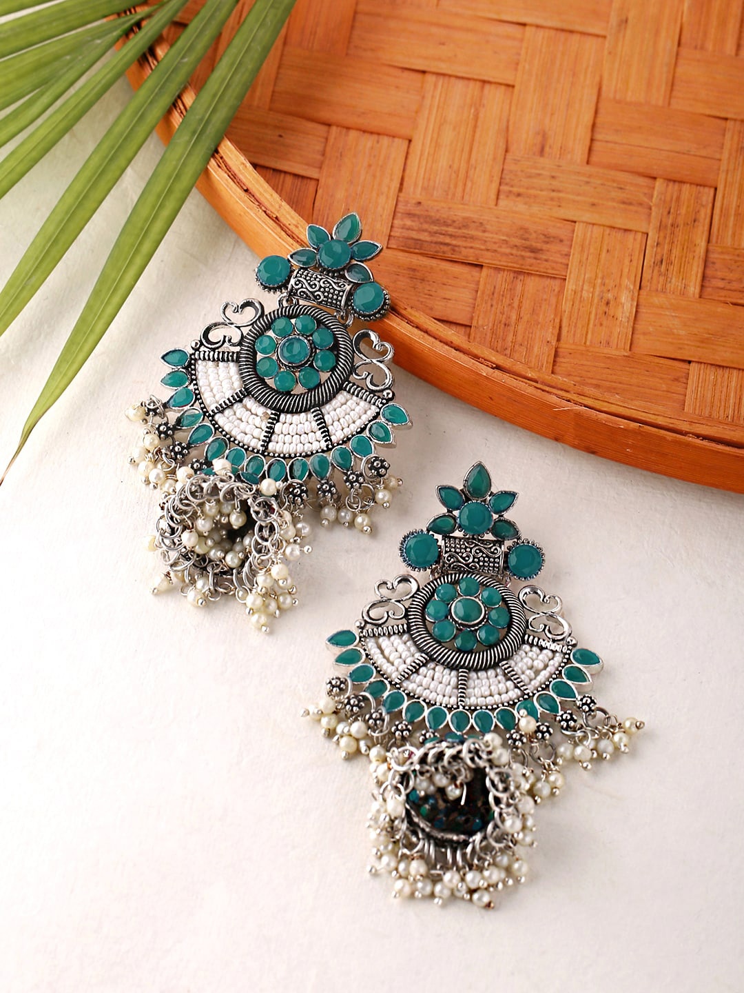 

Yellow Chimes Silver-Plated & Green Crescent Designed Oxidised Jhumkas