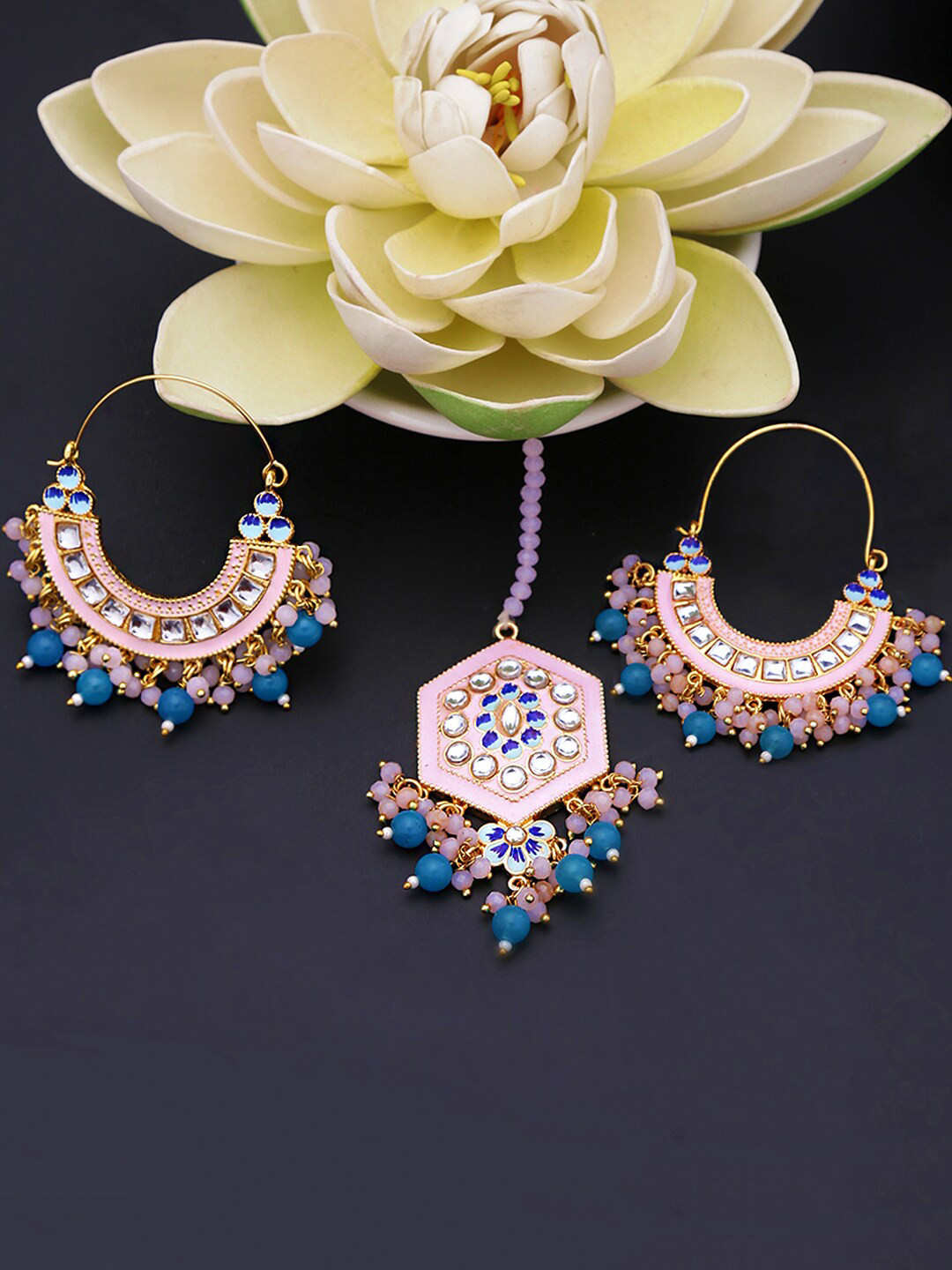 

Yellow Chimes Women Gold Plated Stone Studded Meenakari Chandbali Earrings & Maangtikka