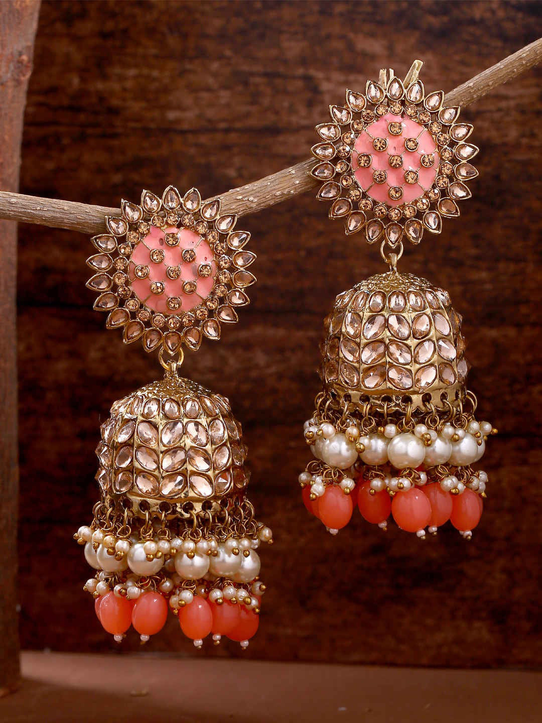 

Yellow Chimes Peach-Coloured Gold-Plated Handcrafted Dome Shaped Jhumkas