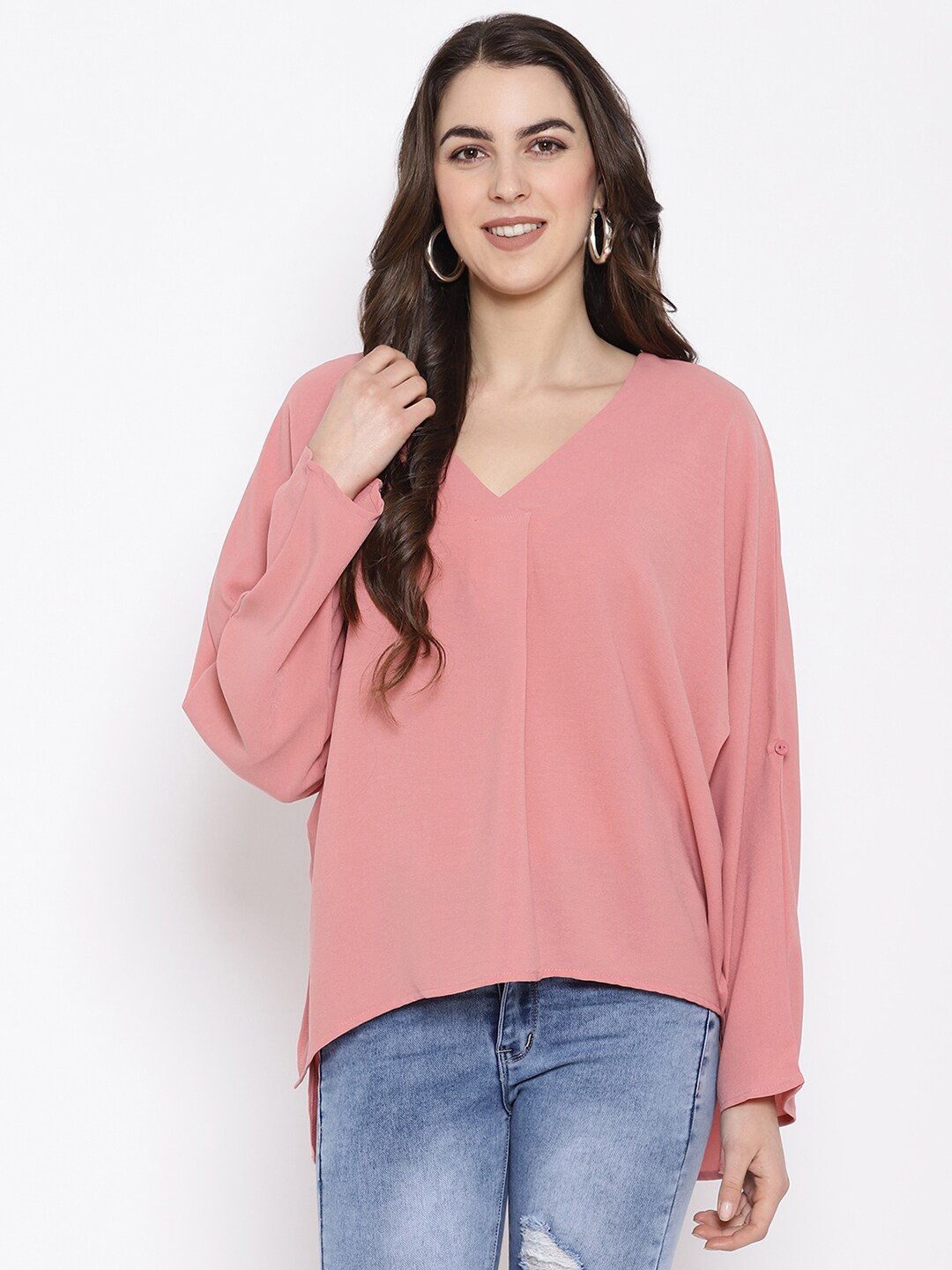 

iki chic Pink Extended Sleeves Georgette High-Low Top