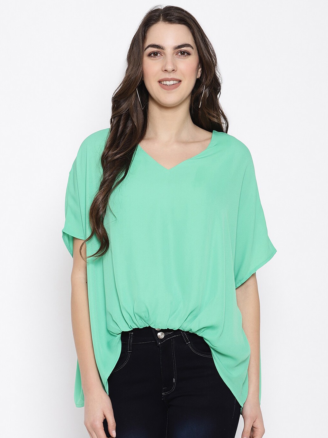 

iki chic Green Extended Sleeves Georgette Regular Longline Top