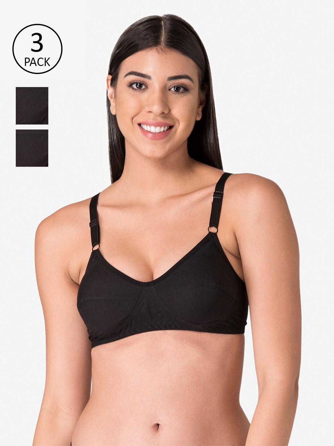 

KOMLI Women Pack of 3 Black Solid Everyday Cotton Bra