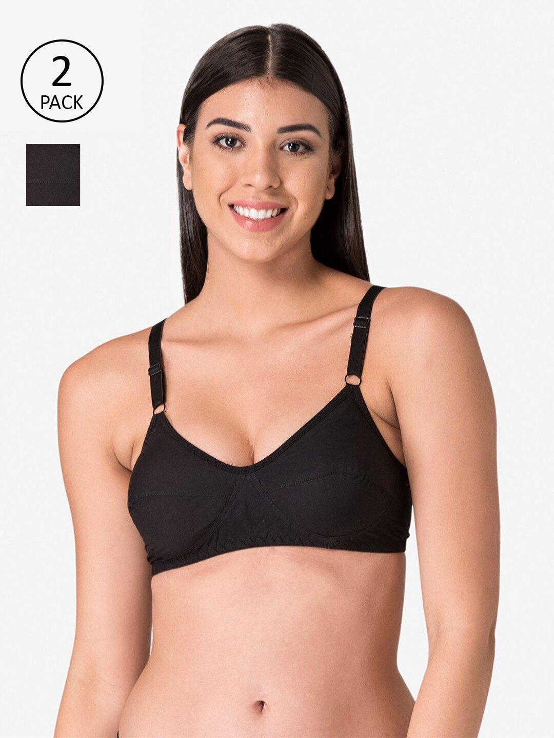 

KOMLI Black Pack of 2 Solid Non Wired Full Coverage Everyday Bra