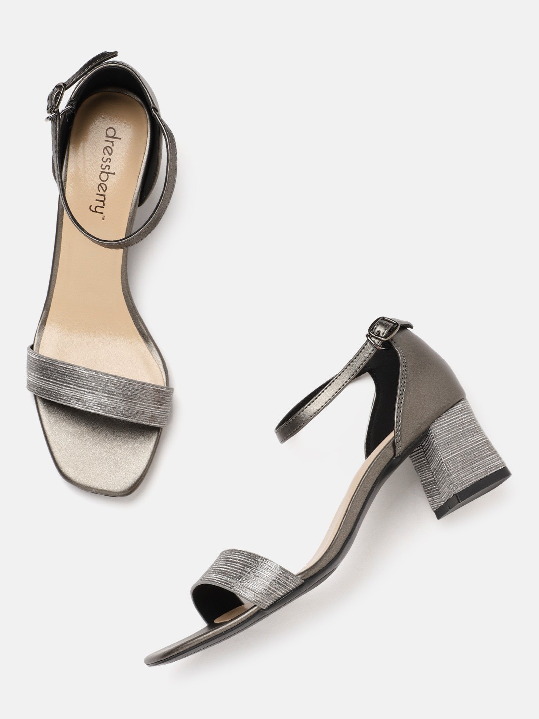 

DressBerry Women Silver-Toned & Gunmetal-Toned Striped Shimmer Block Heels