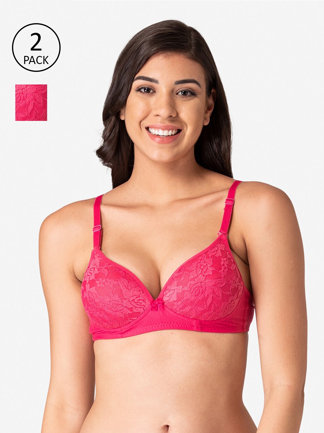 

KOMLI Women Pack of 2 Pink Lace Heavily Padded Bridal Bra