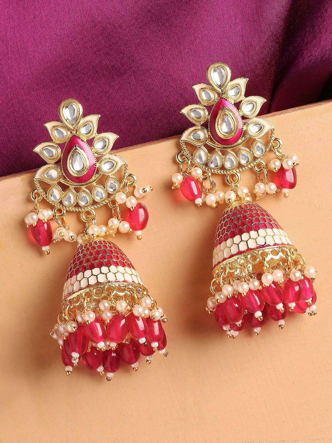 

OOMPH Pink and Gold-Toned Contemporary Jhumkas Earrings
