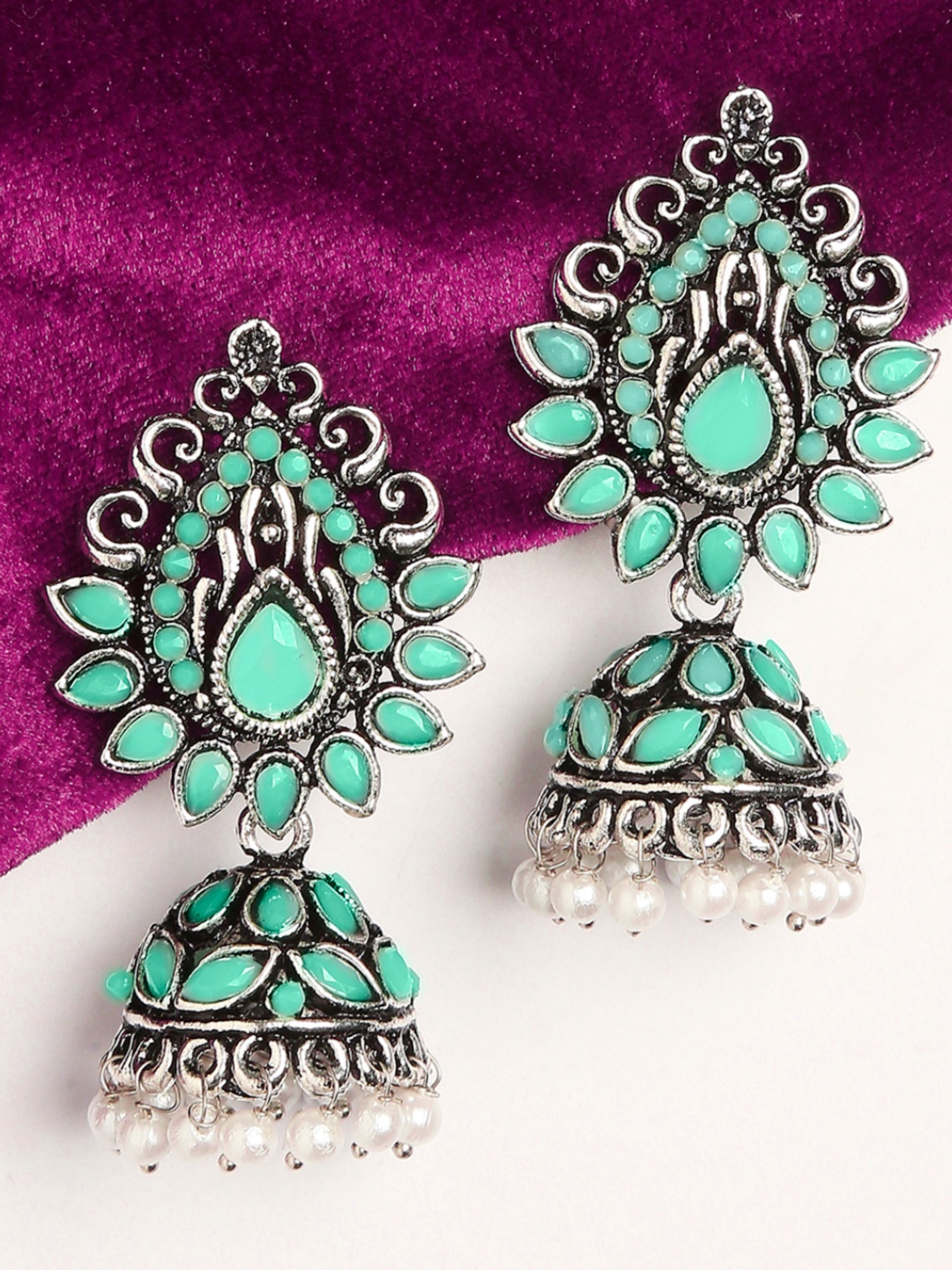 

OOMPH Green and Silver Toned Contemporary Jhumkas Earrings