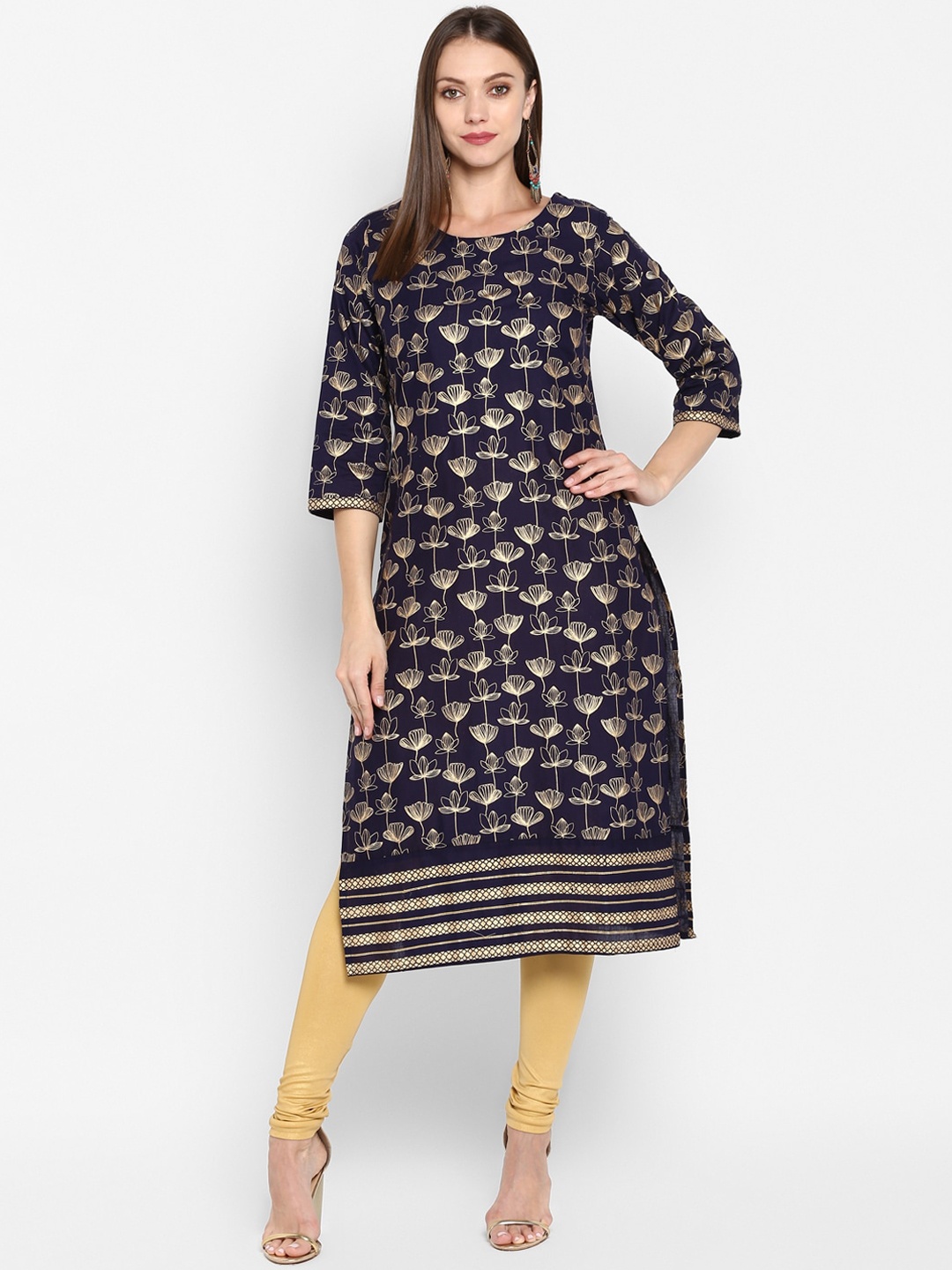 

ZOEYAMS Women Navy Blue & Gold-Toned Floral Printed Kurta