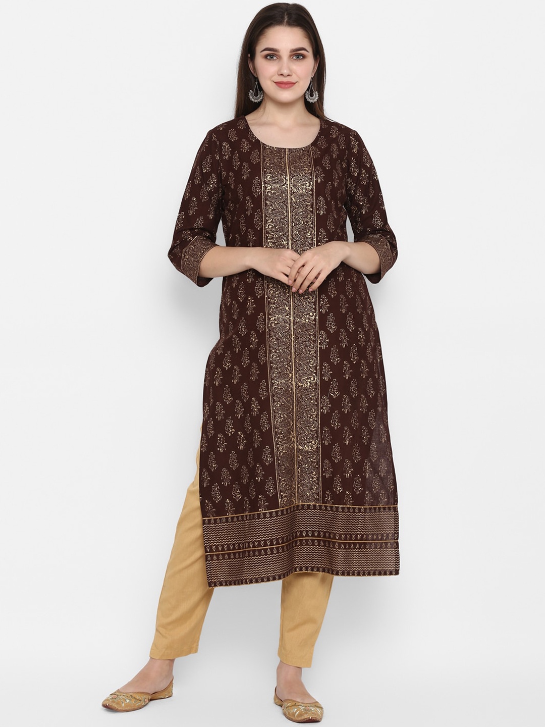 

ZOEYAMS Women Brown & Gold-Toned Ethnic Motifs Printed Kurta