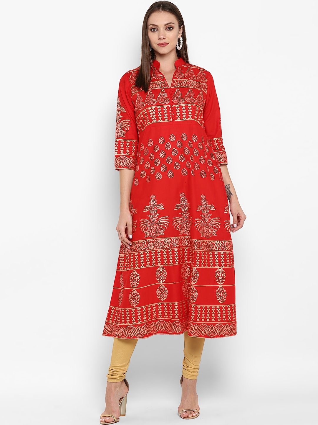 

ZOEYAMS Women Red Ethnic Motifs Printed Anarkali Kurta