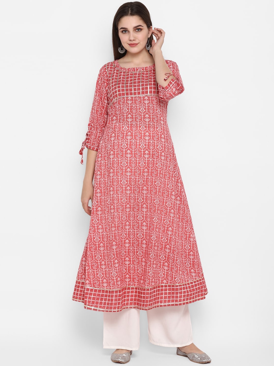 

ZOEYAMS Women Pink & White Ethnic Motifs Printed Gotta Patti Cotton Anarkali Kurta