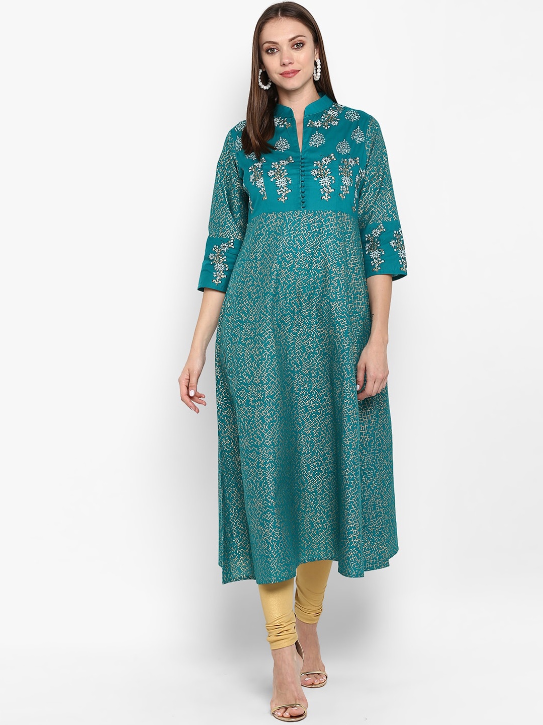 

ZOEYAMS Women Sea Green & Gold-Coloured Ethnic Motifs Block Printed Cotton Anarkali Kurta