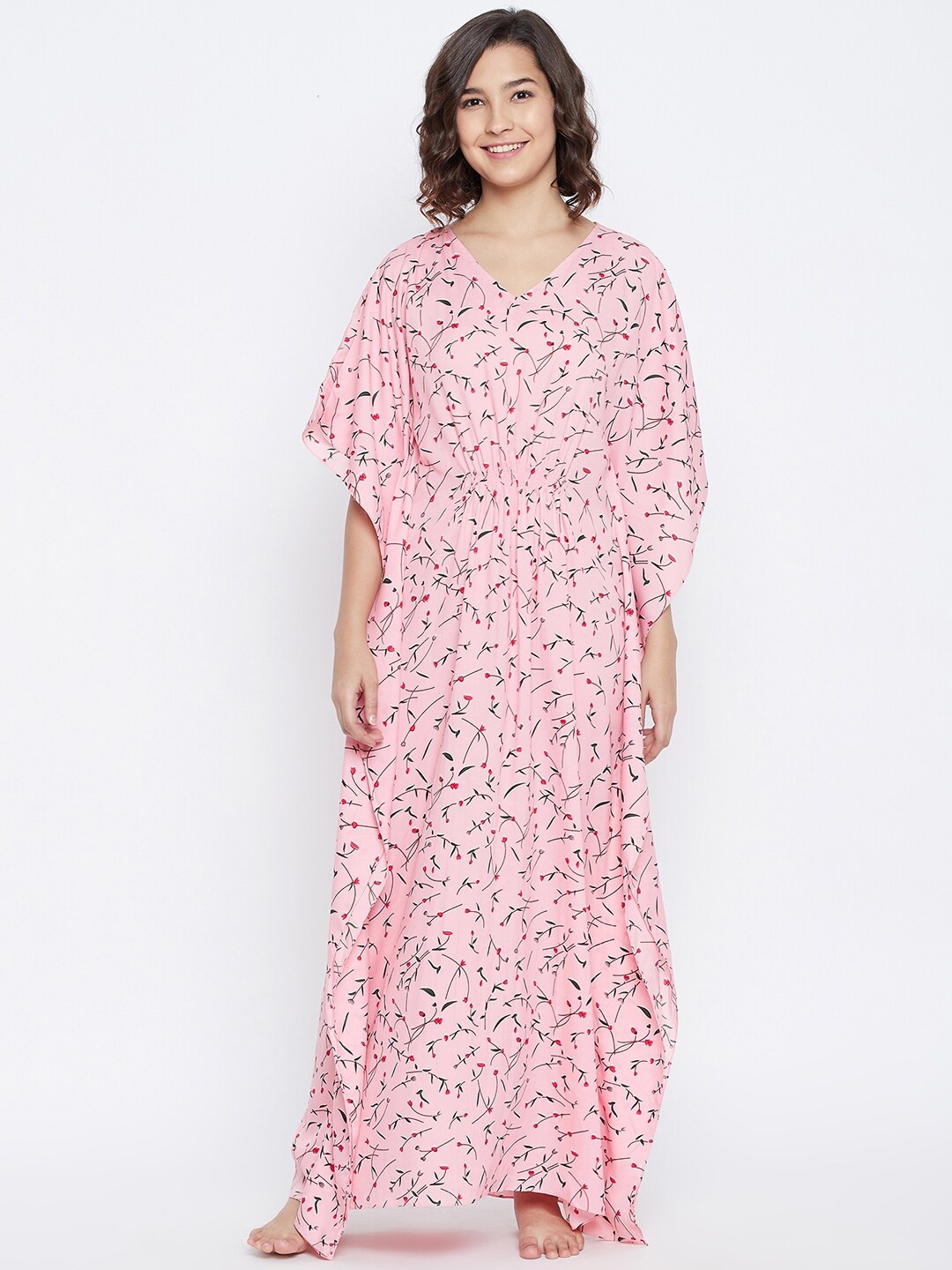 Uptownie Lite Floral Printed Kaftan Night Dress, Pink