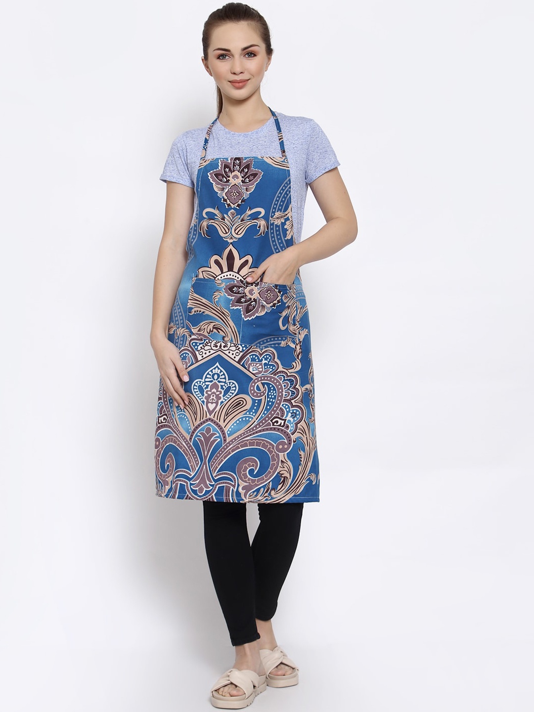 

Arrabi Unisex Blue & Brown Floral Printed Apron