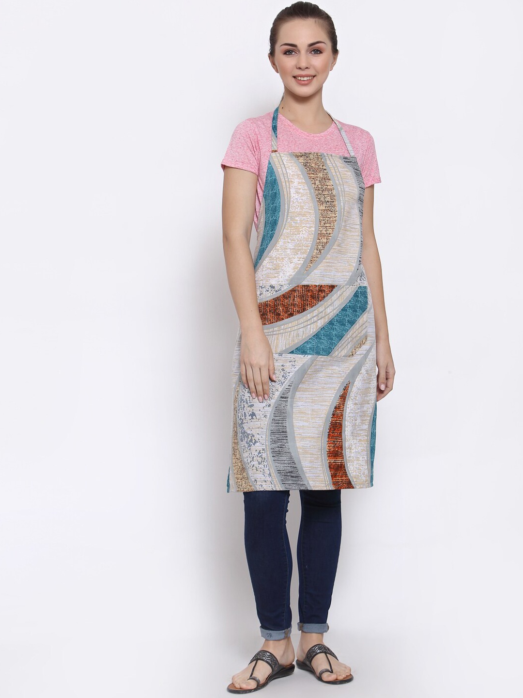 

Arrabi Blue & Grey Geometric TC Cotton Blend Apron with 2 Patch Pockets