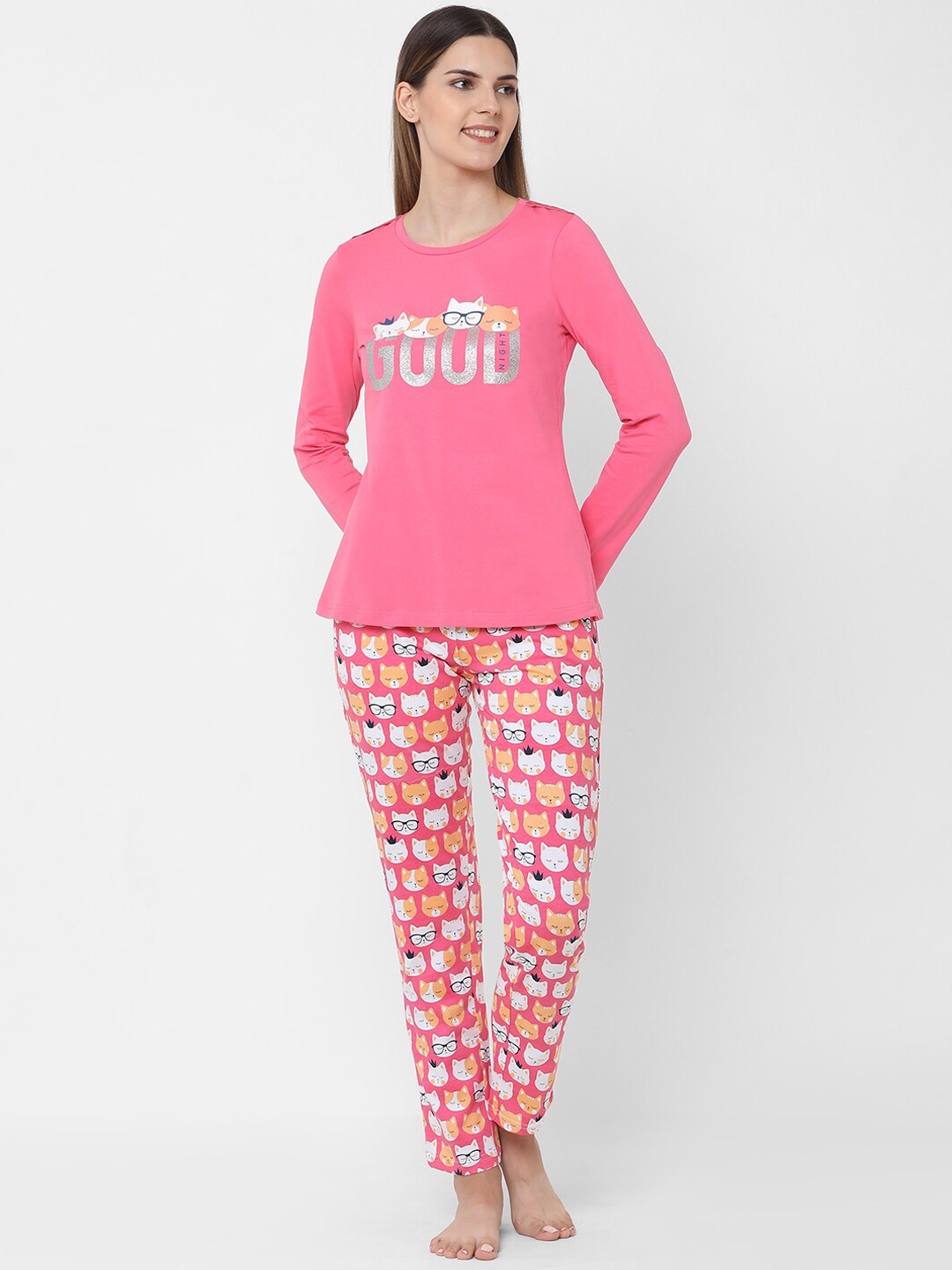 

Sweet Dreams Women Pink & Grey Printed Night suit