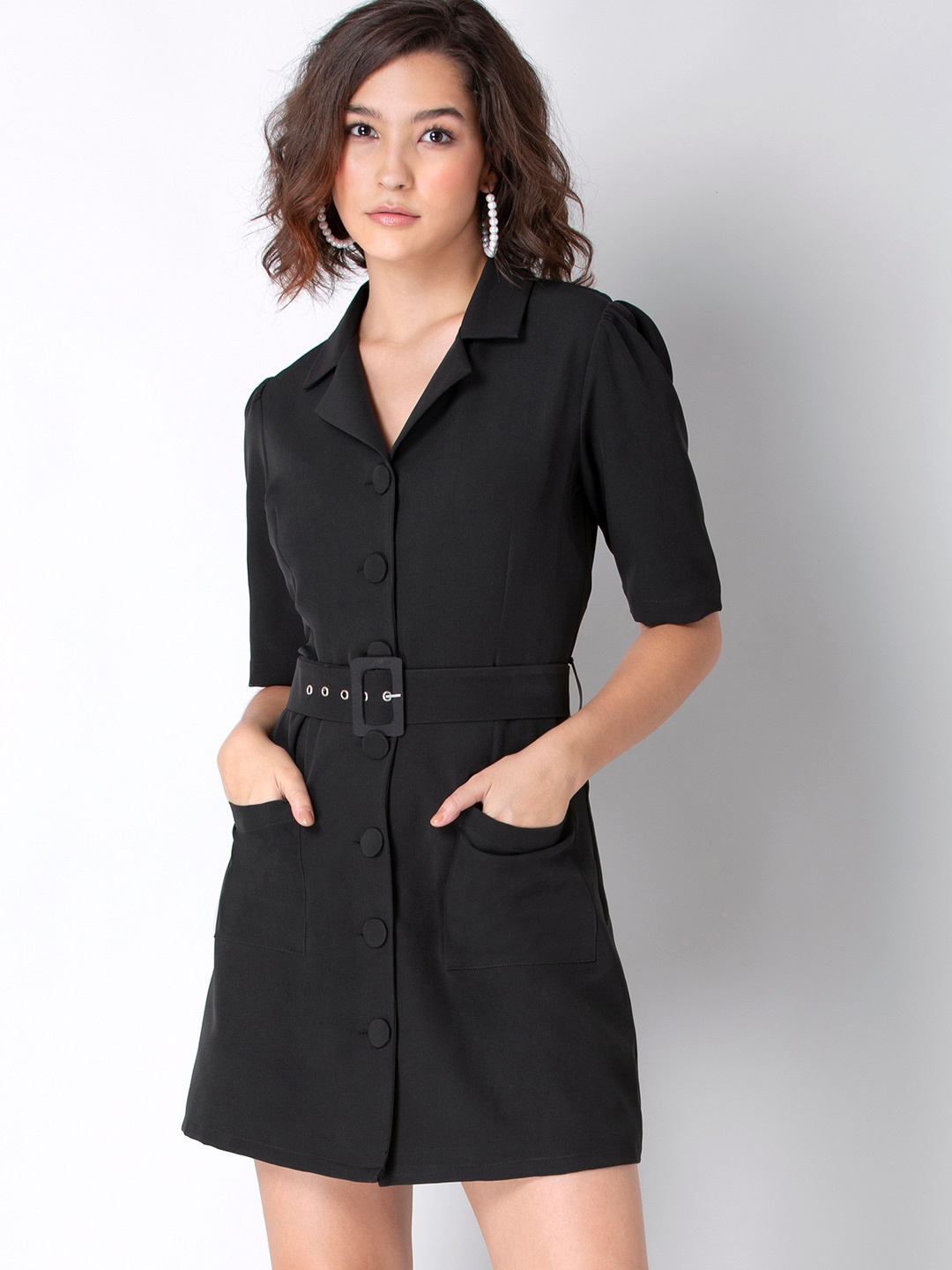 

FabAlley Black Solid Mini Shirt Style Dress