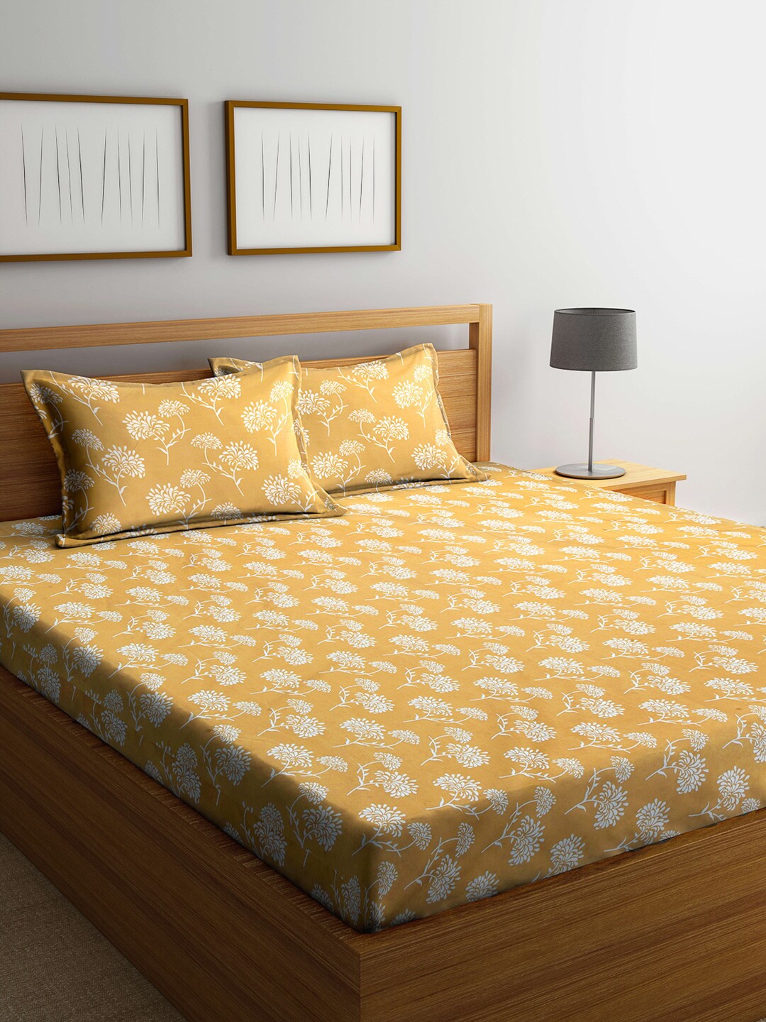 

Arrabi Yellow & White Floral 300 TC King Bedsheet with 2 Pillow Covers