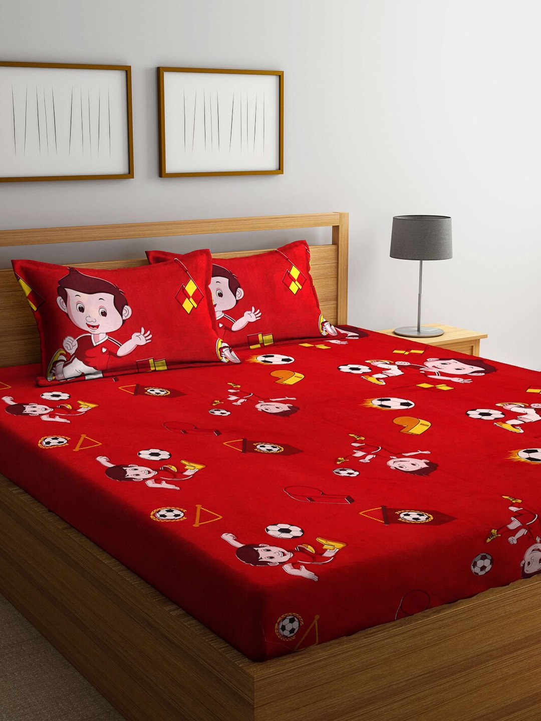 

Arrabi Red & Yellow Cartoon Characters 300 TC King Bedsheet with 2 Pillow Covers