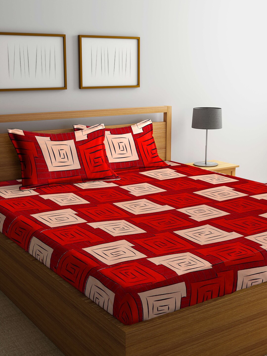 

Arrabi Red & Cream-Coloured Geometric 300 TC King Bedsheet with 2 Pillow Covers