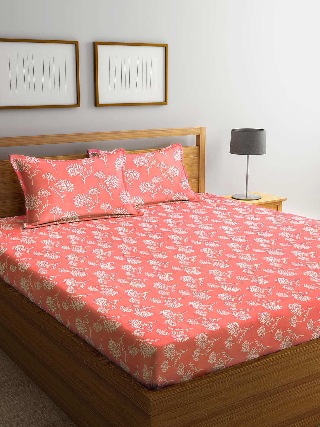 

Arrabi Orange & White Floral 300 TC King Bedsheet with 2 Pillow Covers
