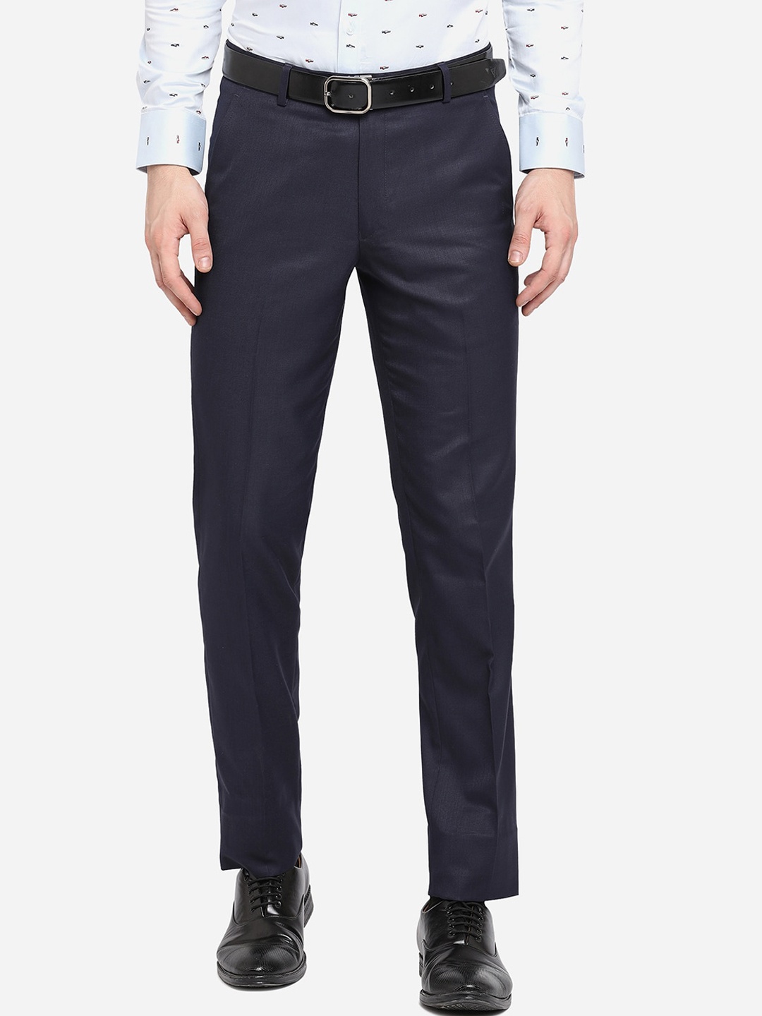 

Greenfibre Men Navy Blue Textured Slim Fit Formal Trousers