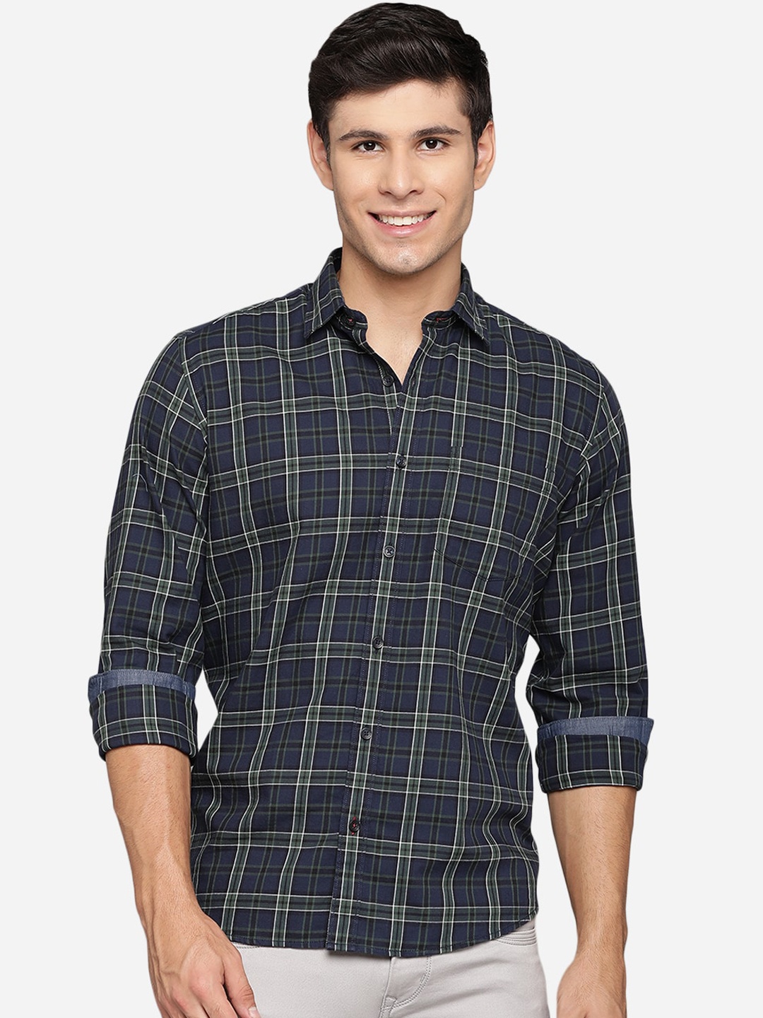 

Greenfibre Men Blue Slim Fit Tartan Checks Opaque Checked Casual Shirt