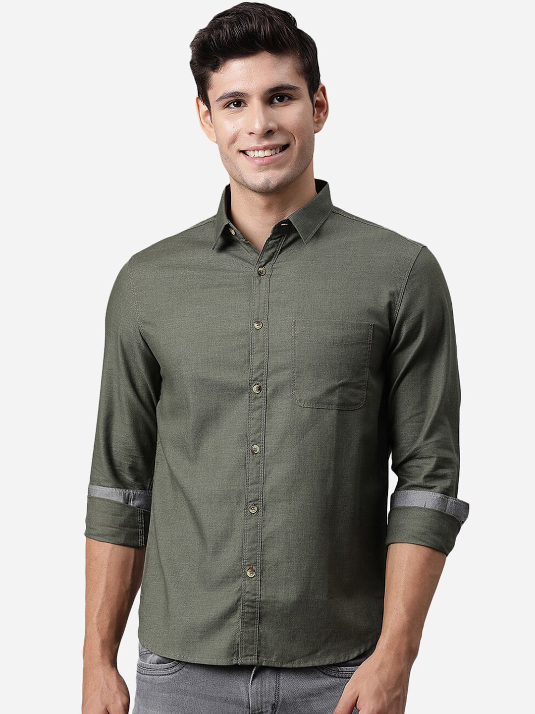 

Greenfibre Men Olive Green Slim Fit Opaque Casual Shirt