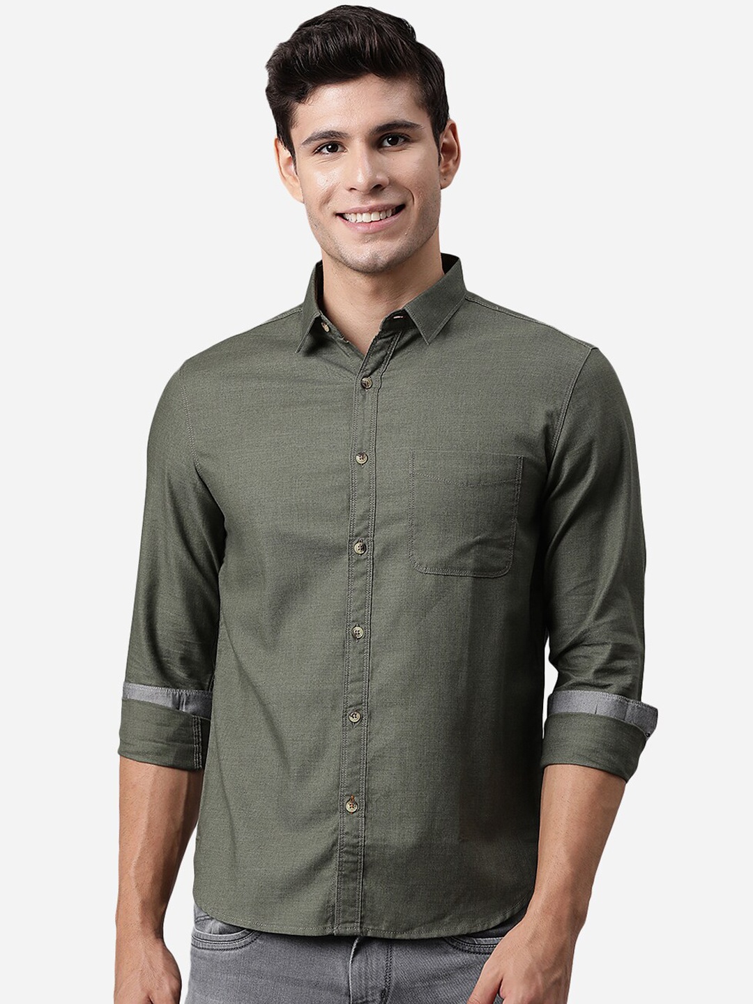 

Greenfibre Men Olive Green Slim Fit Opaque Casual Shirt