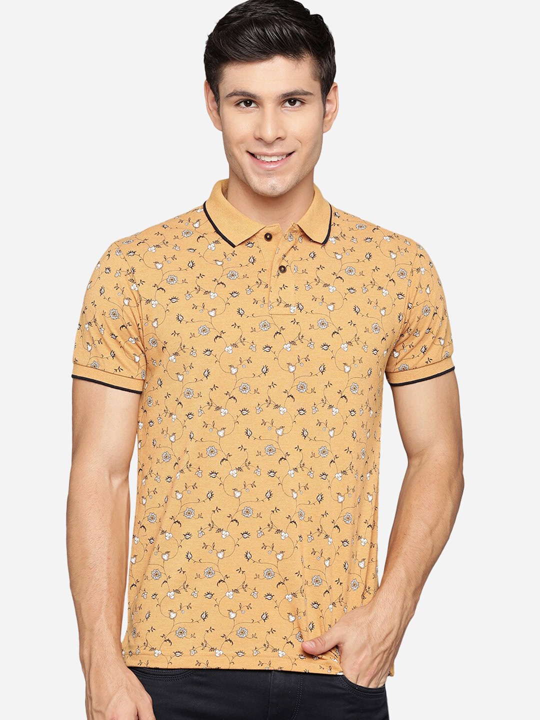 

Greenfibre Men Mustard Yellow Printed Polo Collar Slim Fit T-shirt