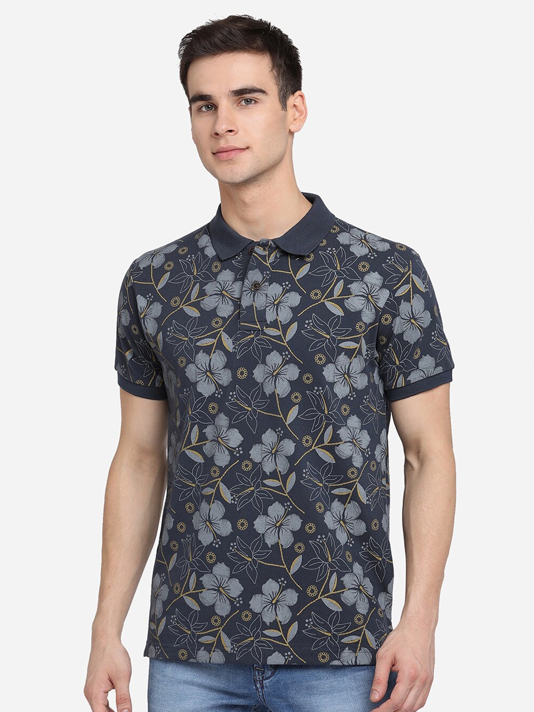 

Greenfibre Men Grey Printed Polo Collar Slim Fit T-shirt