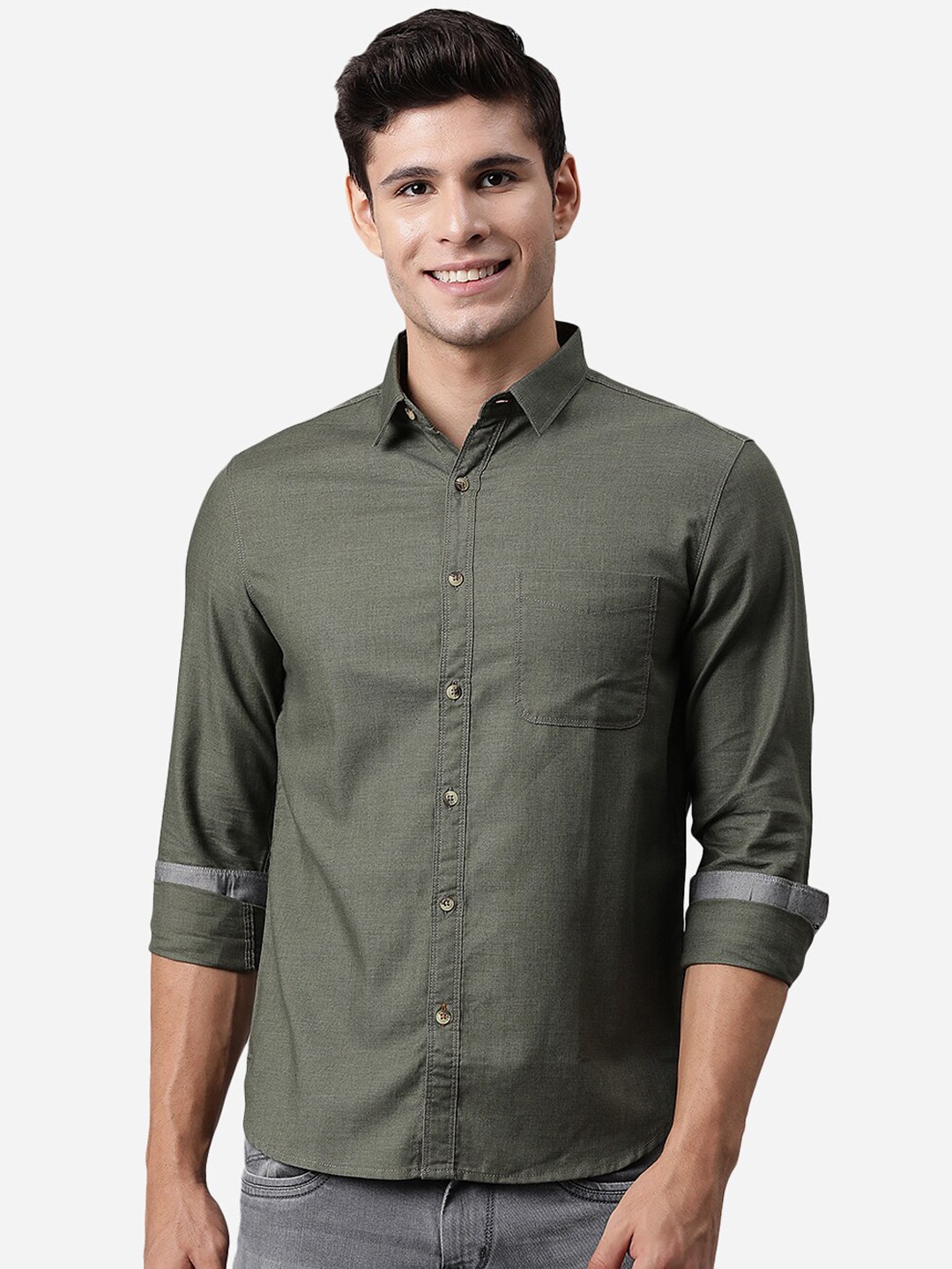 

Greenfibre Men Olive Green Slim Fit Opaque Casual Shirt