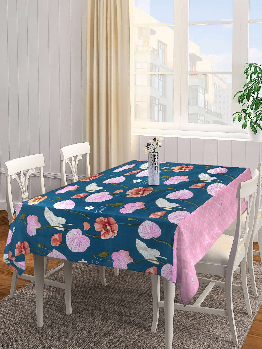 

Arrabi Navy Blue & Pink Floral Printed 6-Seater Table Cover
