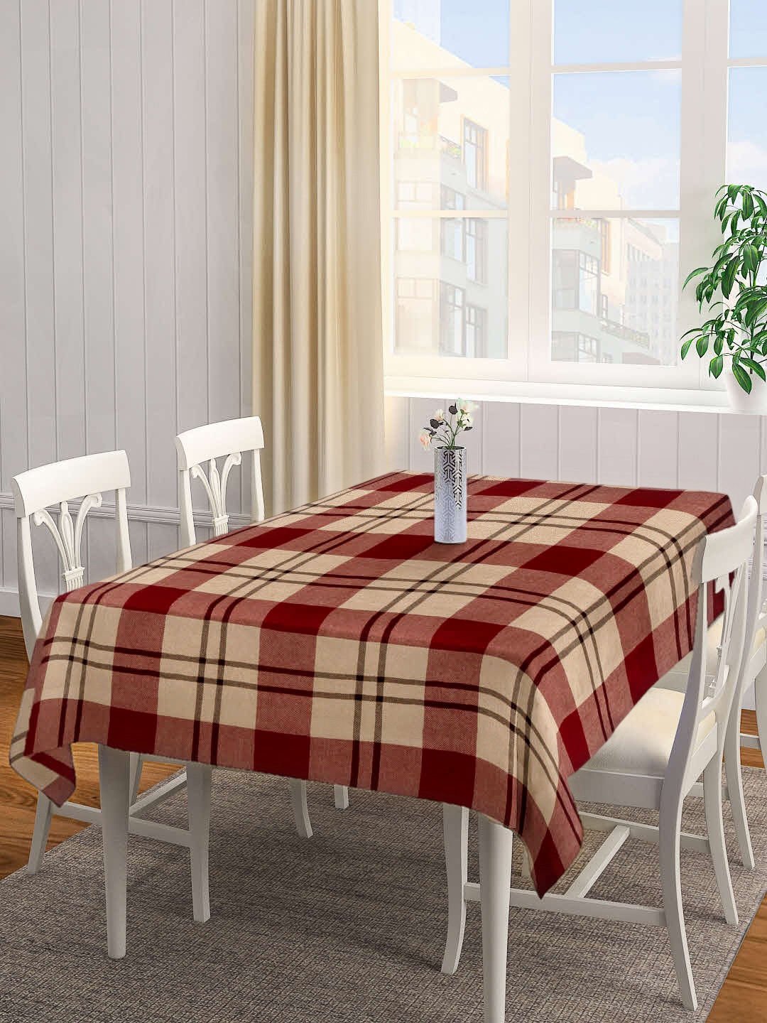 

Arrabi Maroon & Beige Geometric Handwoven Cotton 6-Seater Table Cover
