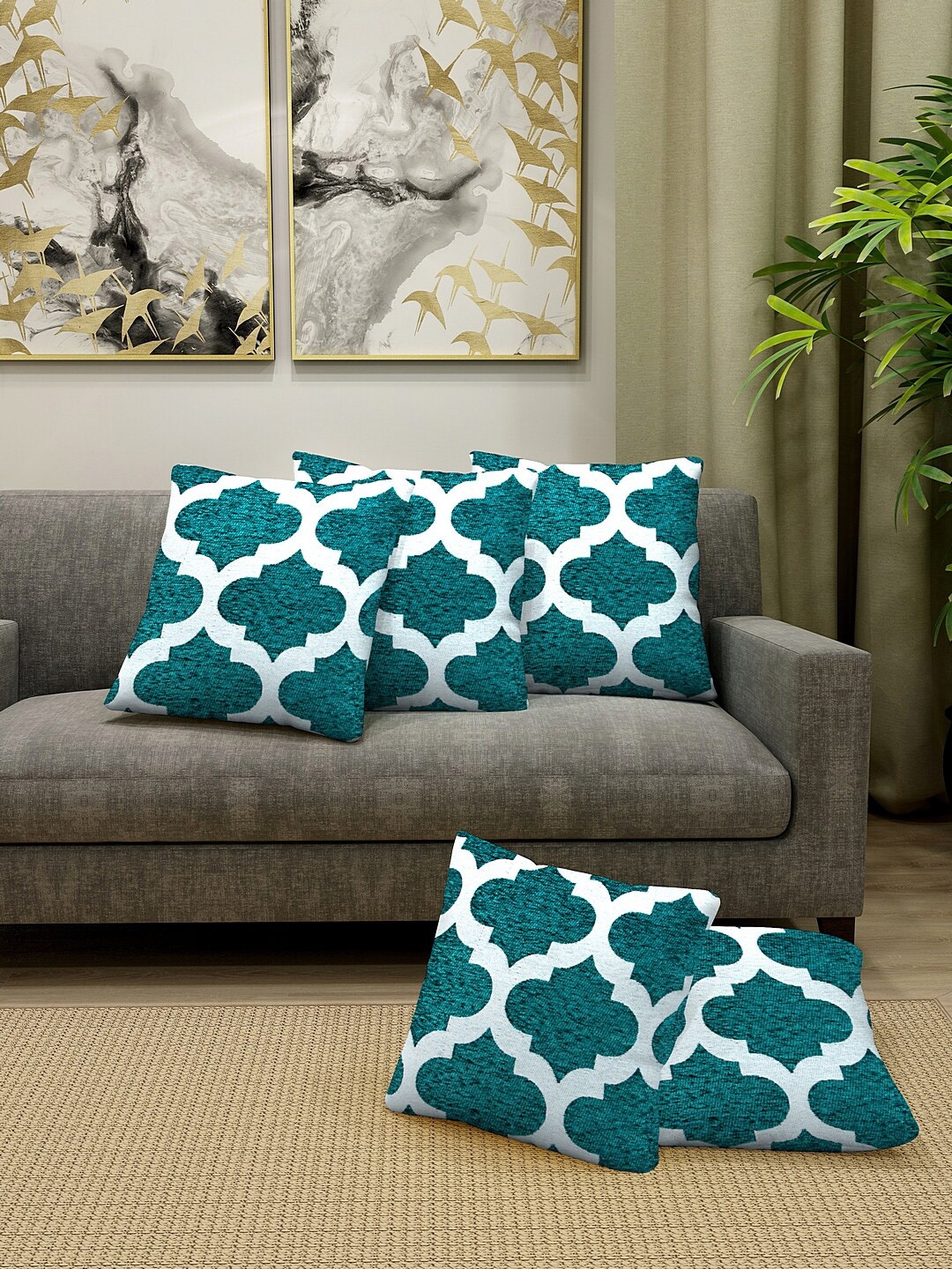 

KLOTTHE Turquoise Blue & White Set of 5 Jacquard Square Cushion Covers with Fillers