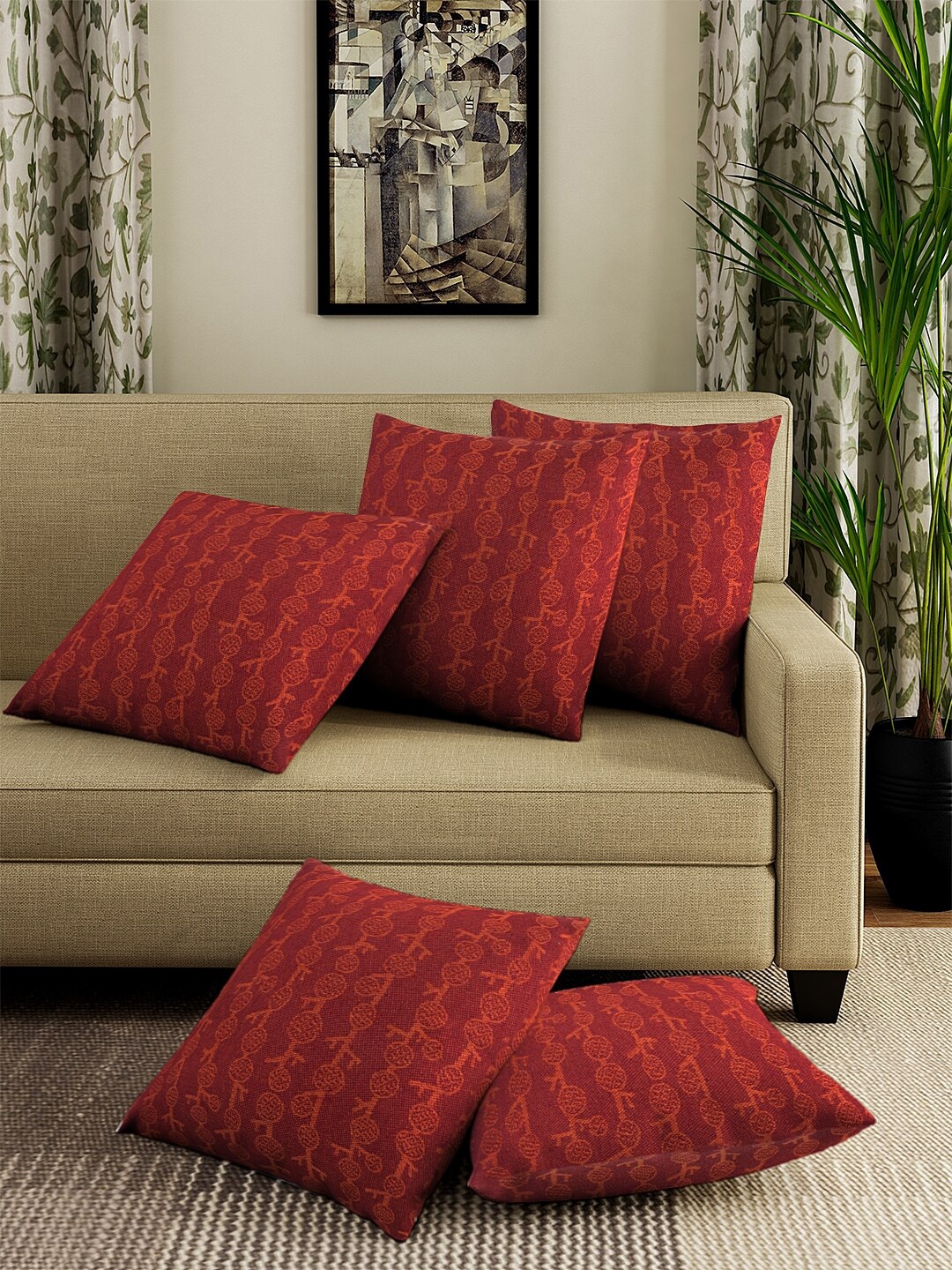 

KLOTTHE Red Set of 5 Woven Design Cushion Covers with Fillers