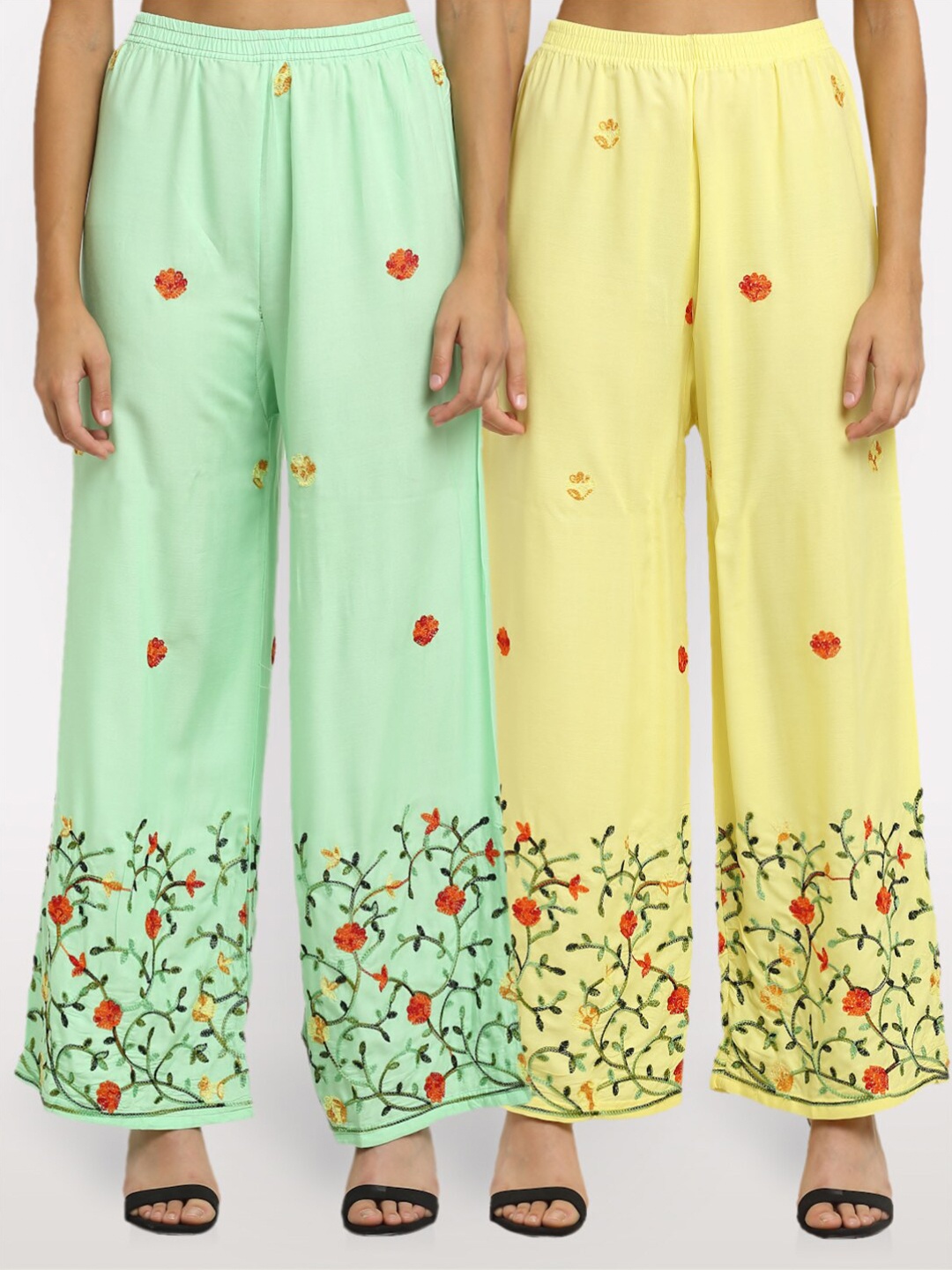 

NEUDIS Women Pack of 2 Green & Yellow Floral Embroidered Ethnic Palazzos