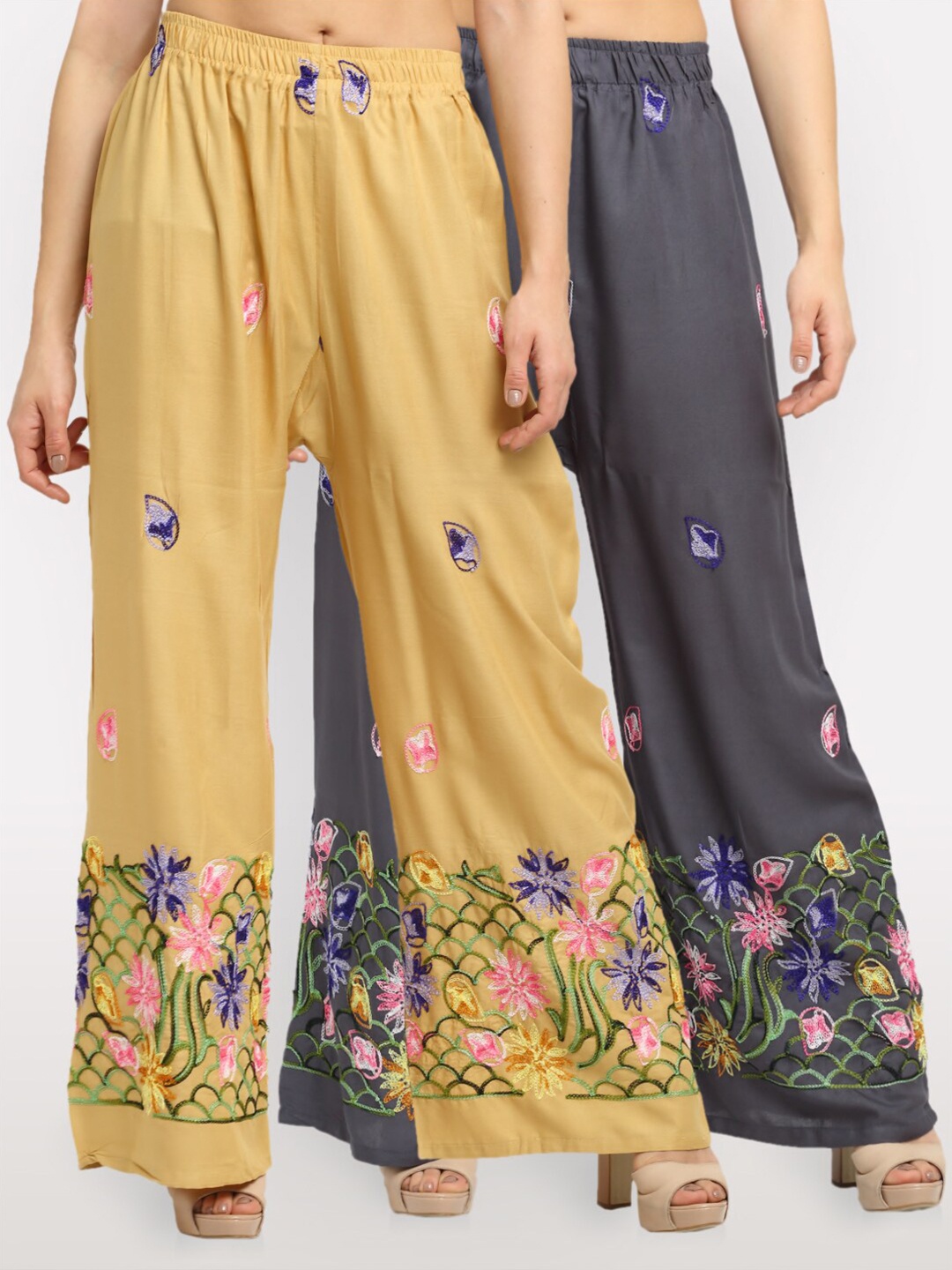 

NEUDIS Women Pack of 2 Beige & Grey Floral Embroidered Ethnic Palazzos