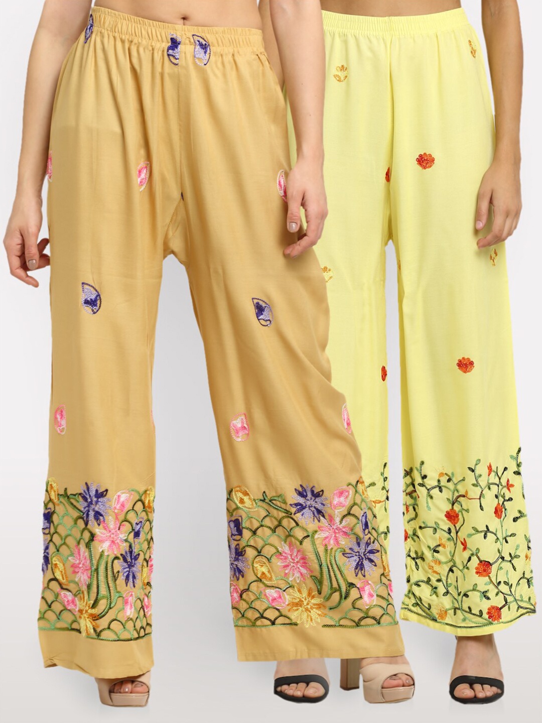 

NEUDIS Women Pack of 2 Beige & Yellow Floral Embroidered Ethnic Palazzos