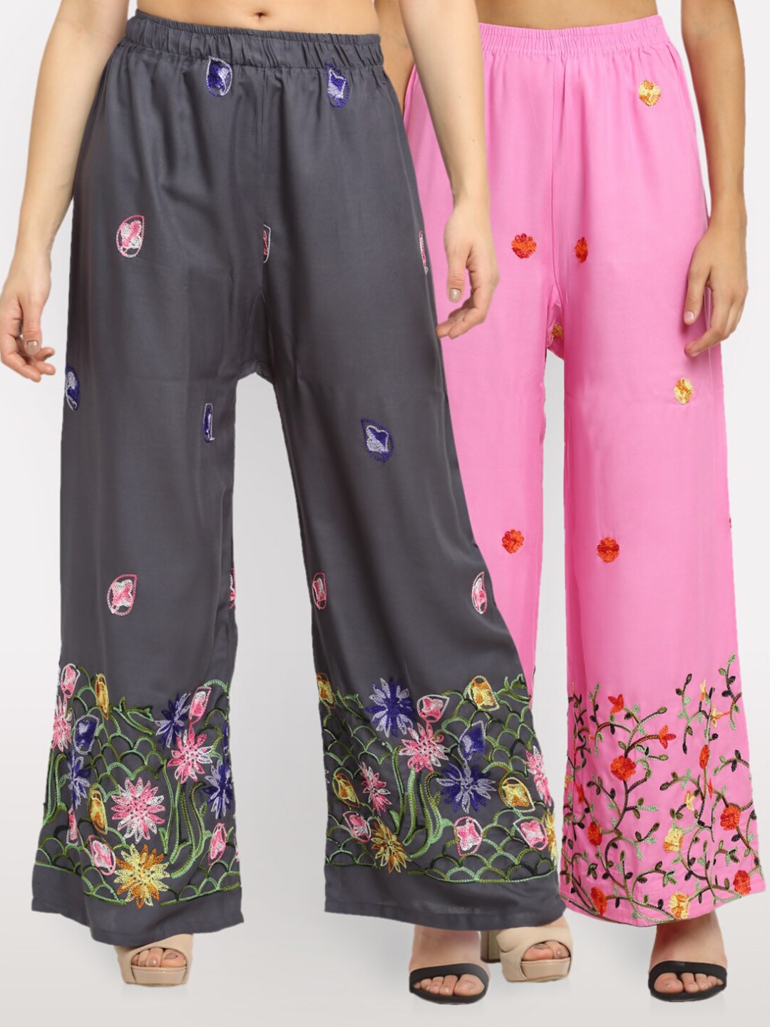 

NEUDIS Women Pack of 2 Grey & Pink Floral Embroidered Ethnic Palazzos