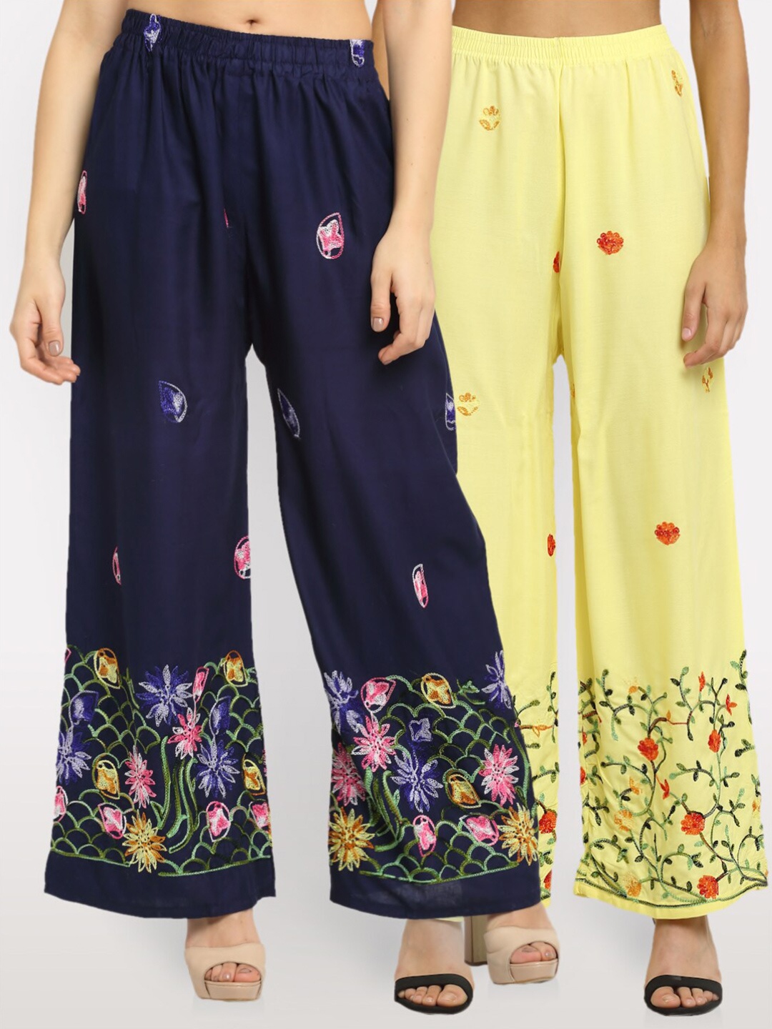 

NEUDIS Women Pack of 2 Navy Blue & Yellow Floral Embroidered Ethnic Palazzos