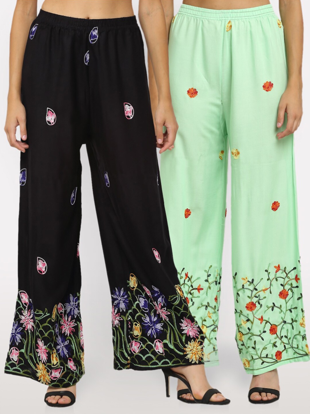 

NEUDIS Women Pack of 2 Black & Green Floral Embroidered Ethnic Palazzos