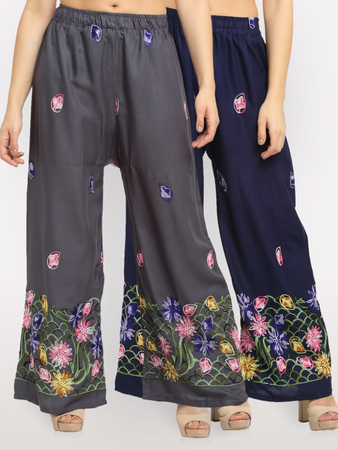 

NEUDIS Women Pack of 2 Grey & Navy Blue Floral Embroidered Ethnic Palazzos