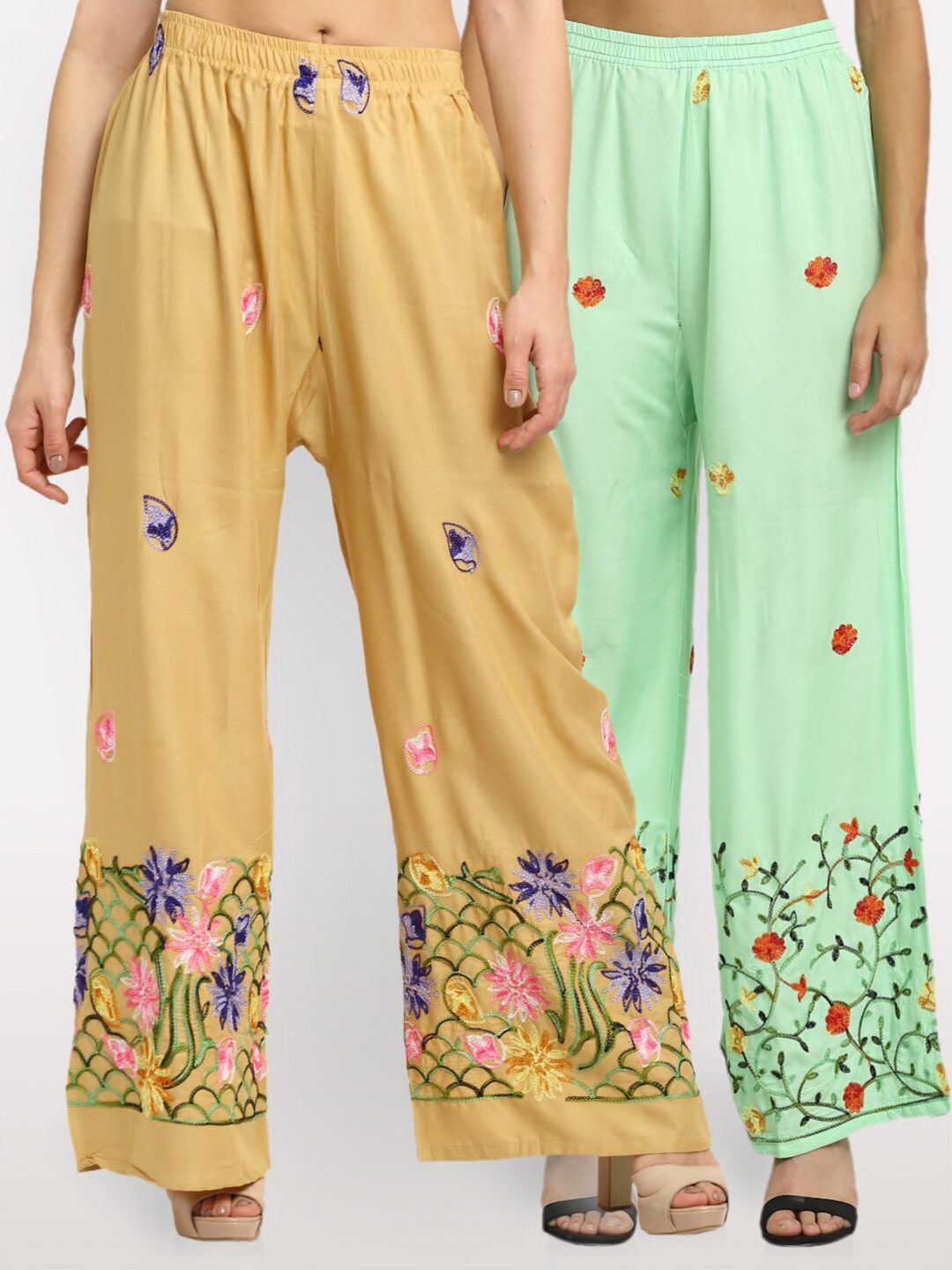 

NEUDIS Women Pack of 2 Beige & Green Floral Embroidered Ethnic Palazzos