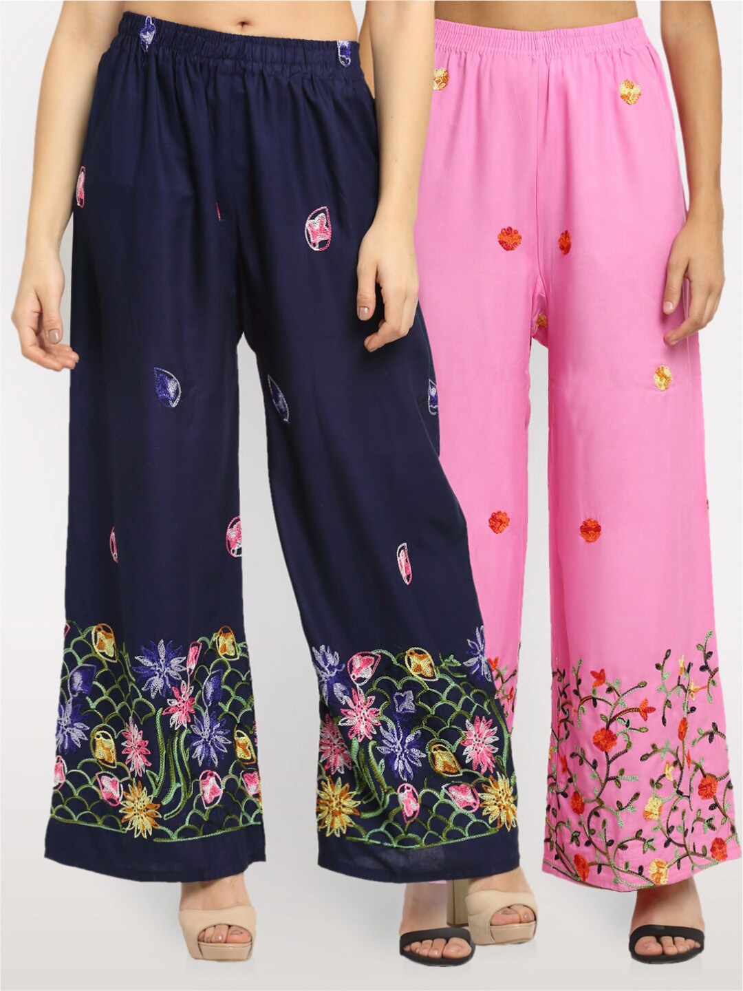 

NEUDIS Women Pack of 2 Navy Blue & Pink Floral Embroidered Ethnic Palazzos