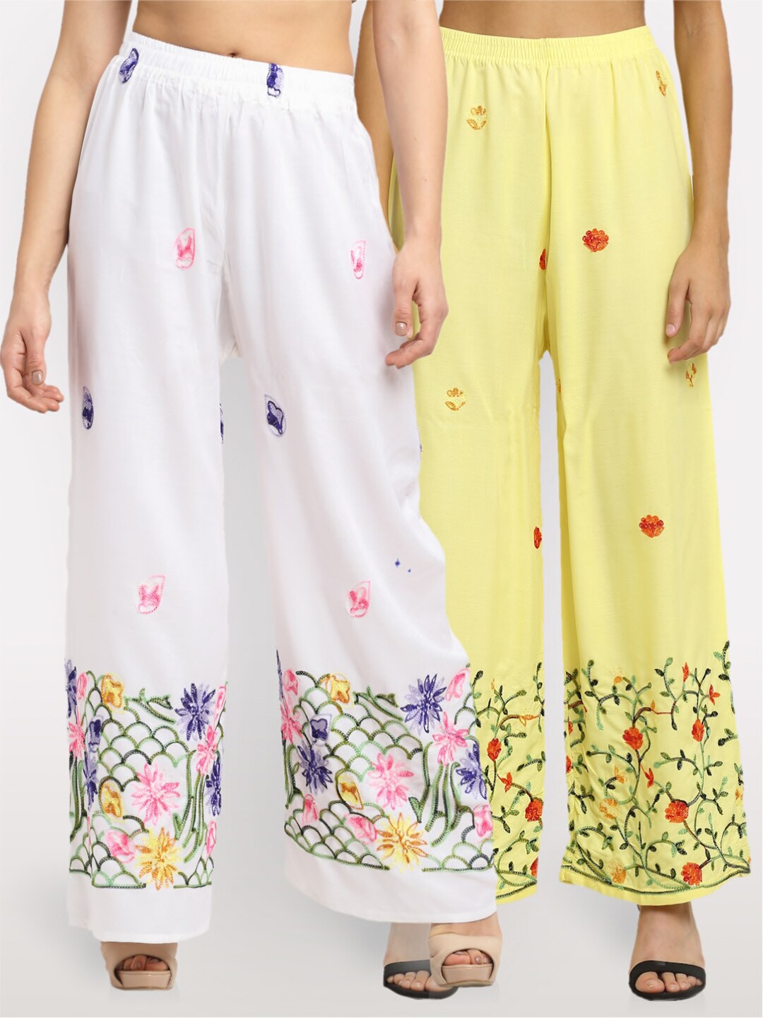 

NEUDIS Women Pack of 2 White & Yellow Floral Embroidered Ethnic Palazzos
