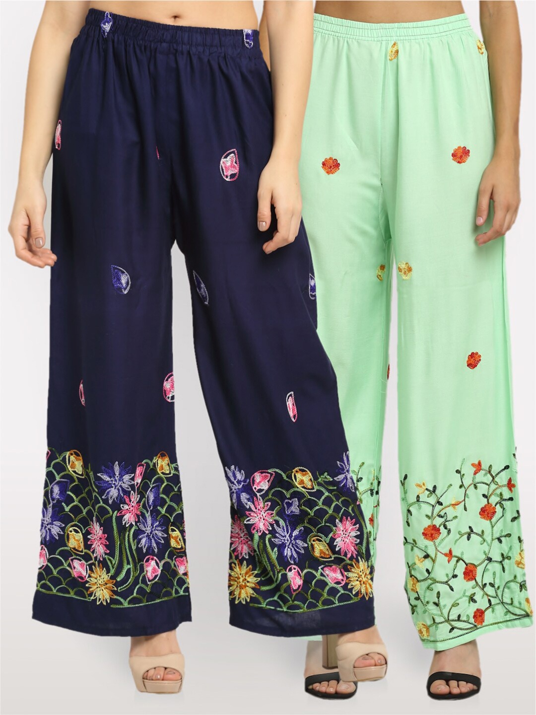 

NEUDIS Women Pack of 2 Navy Blue & Green Floral Embroidered Ethnic Palazzos