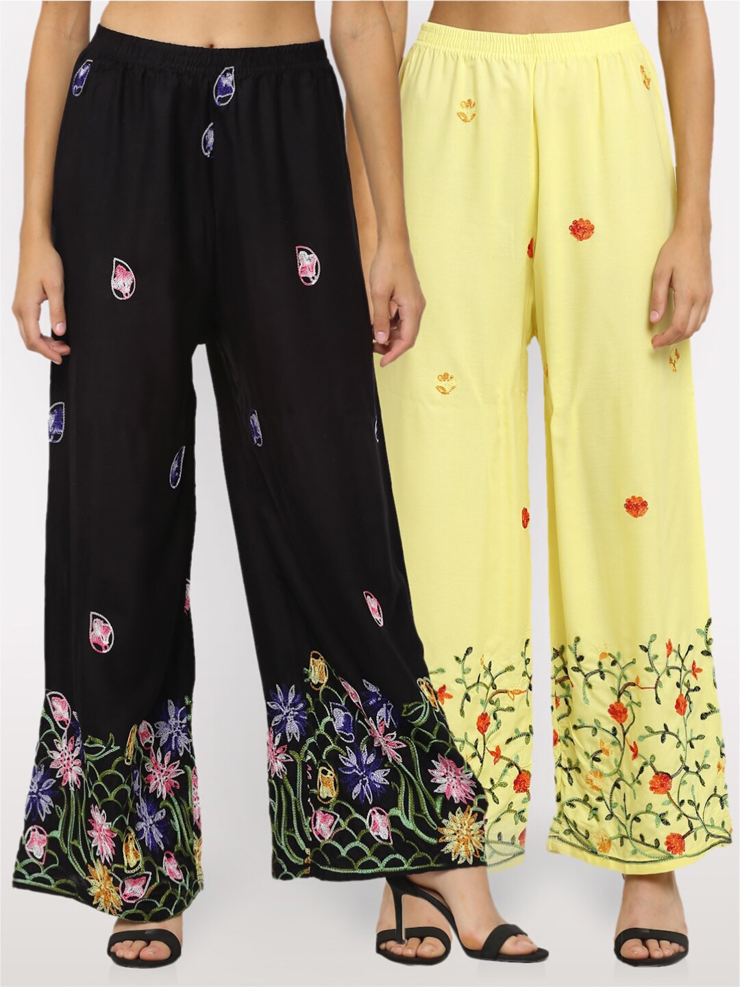 

NEUDIS Women Pack of 2 Black & Yellow Floral Embroidered Ethnic Palazzos